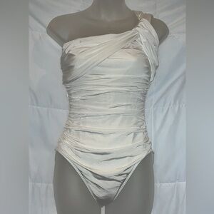 1 Sol White One Shoulder Swimsuit Medium | Draped Ruched Bodice | Made in USA